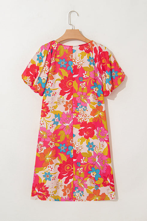 Charming Floral All Over Print Bubble Short Sleeve Summer Day Dress